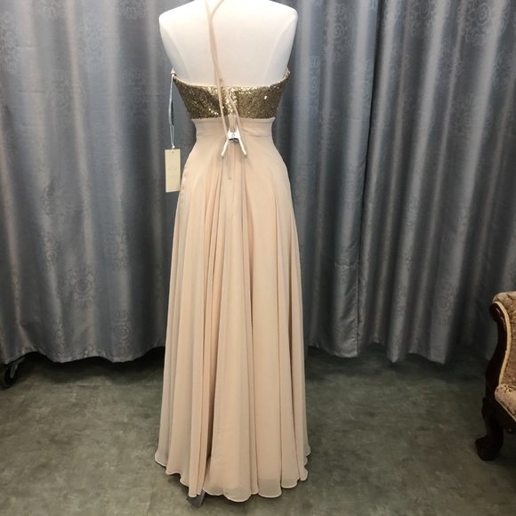 New Gold Sequin Champagne Dress, Aline Bridesmaid Formal Sparkle Gather and Gown - Picture 9 of 14